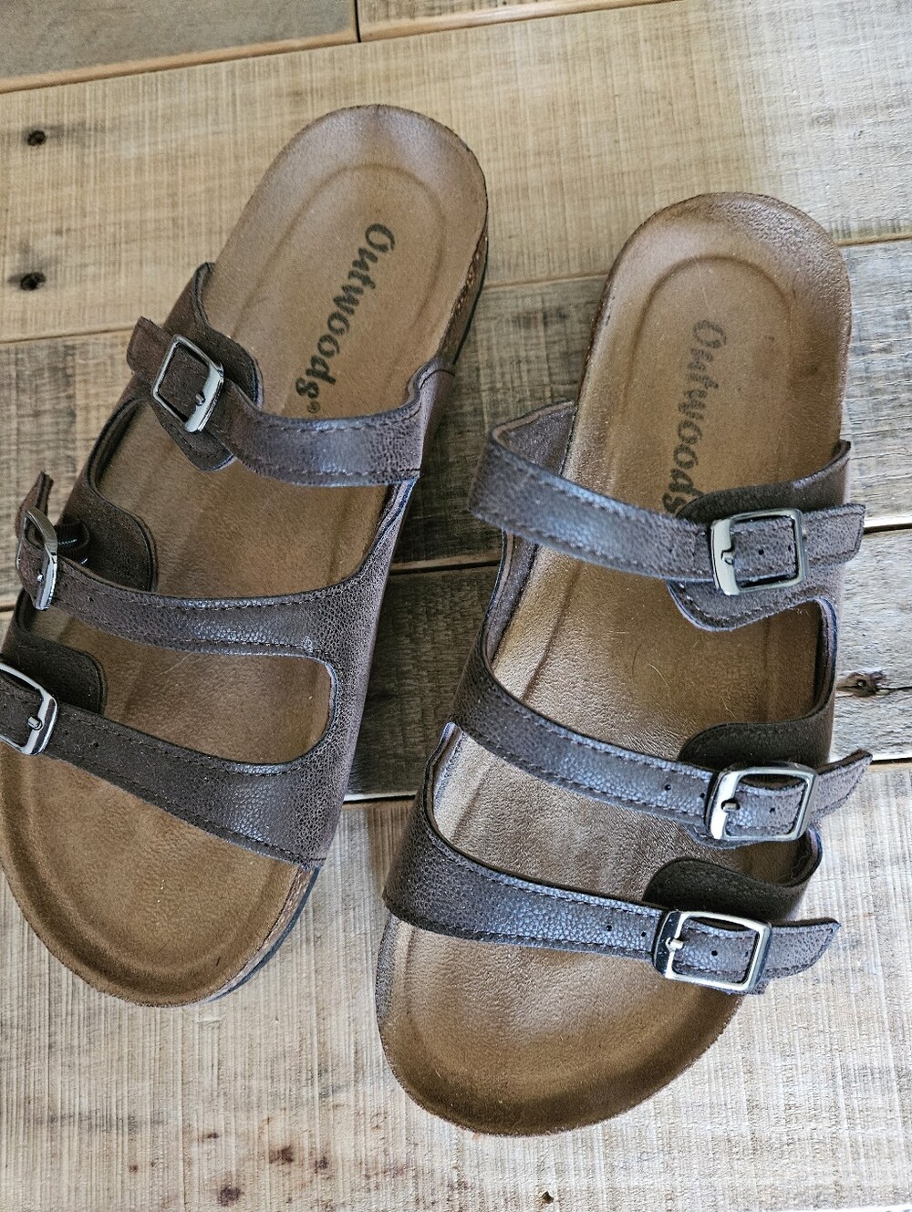 Outwoods Brown Triple-Buckle Cork Footbed Sandals, Size 8??